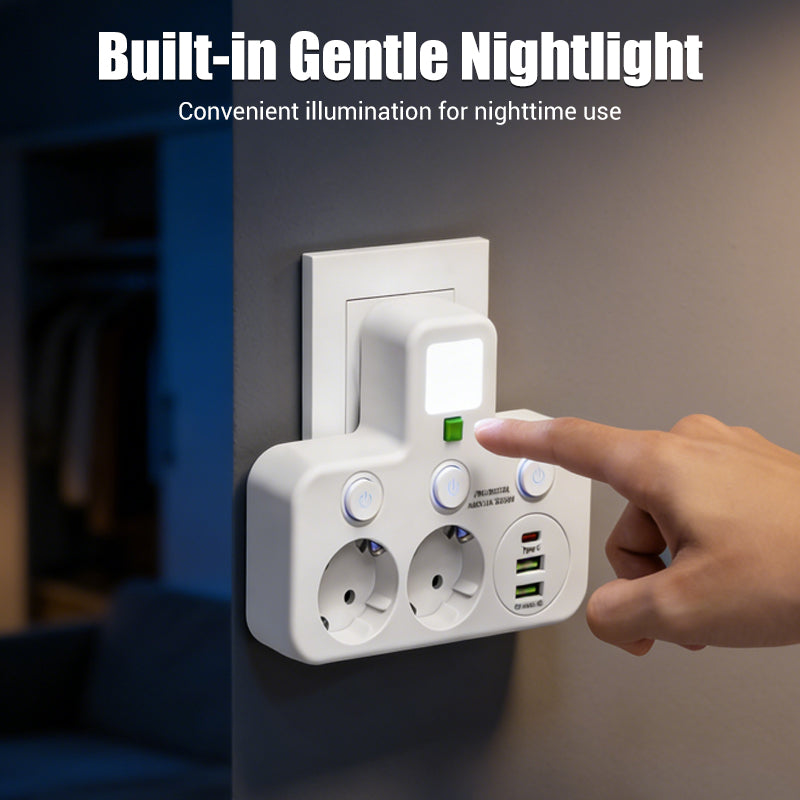 EU-Stecker-Wandler-Steckdose mit 4 Steckdosen, Multi-Port-Wanddose mit unabhängigem Schalter und kleinem Nachtlichtadapter